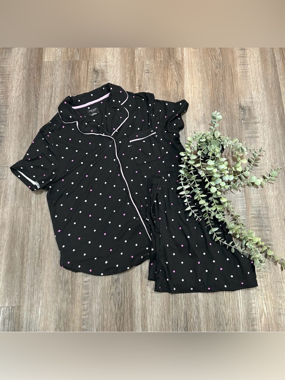 Kate Spade Black Polka Dot Short Sleeve Pajama Set Shorts Piping Lounge PJ Sz L